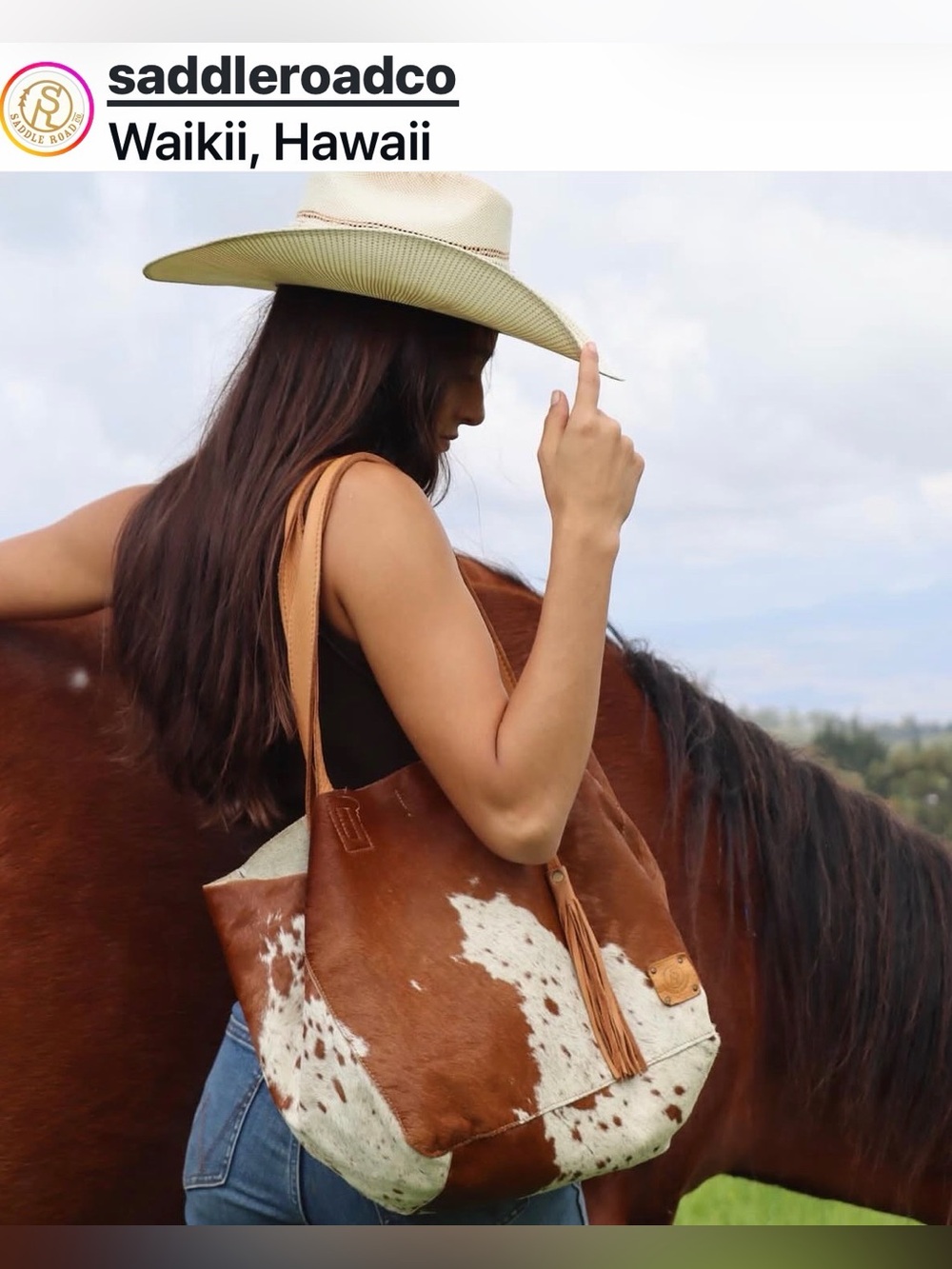 NWOT Saddle Road Co Genuine Rustic Brown & White Cowhide Leather Market Tote